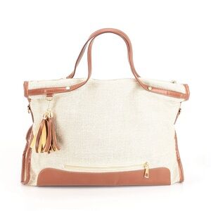 SATCHEL ~ Large Cream Tweed w/Tan Faux Leather Crossbody Tote Bag Gold Hardware